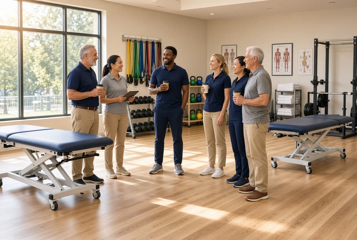 Clinic staff gathered for a huddle