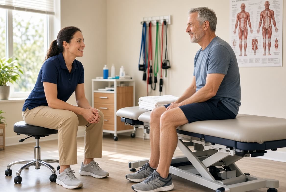 A clinician talking with a patient in a treatment room